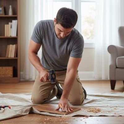 massette homme travaille sur parquet interieur