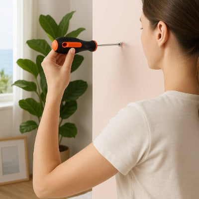 tournevis femme visse dans le mur pour accrocher un cadre