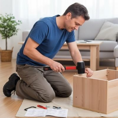 maillet homme met chevilles sur meuble