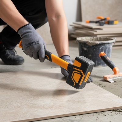 maillet homme posant grand carrelage