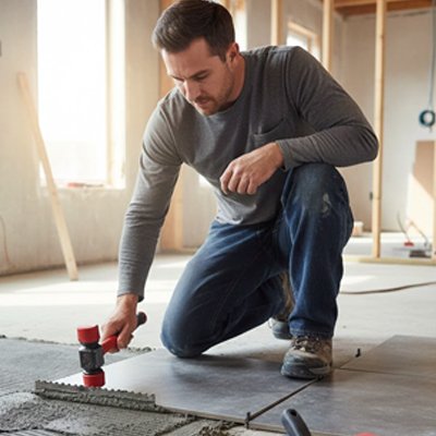 marteau en caoutchouc homme pose des grands carreaux