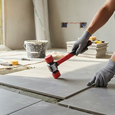 marteau en caoutchouc pour poser du carrelage de niveau