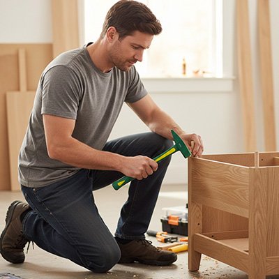 marteau homme met une cheville sur meuble en bois