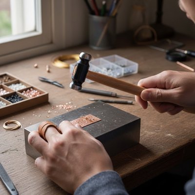 marteau insertion de perles sur plaque en cuivre