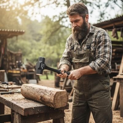 massette homme donnant des coups sur morceau de tronc