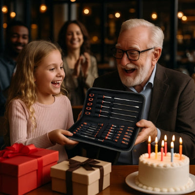tournevis petite fille offre un coffret a son papy